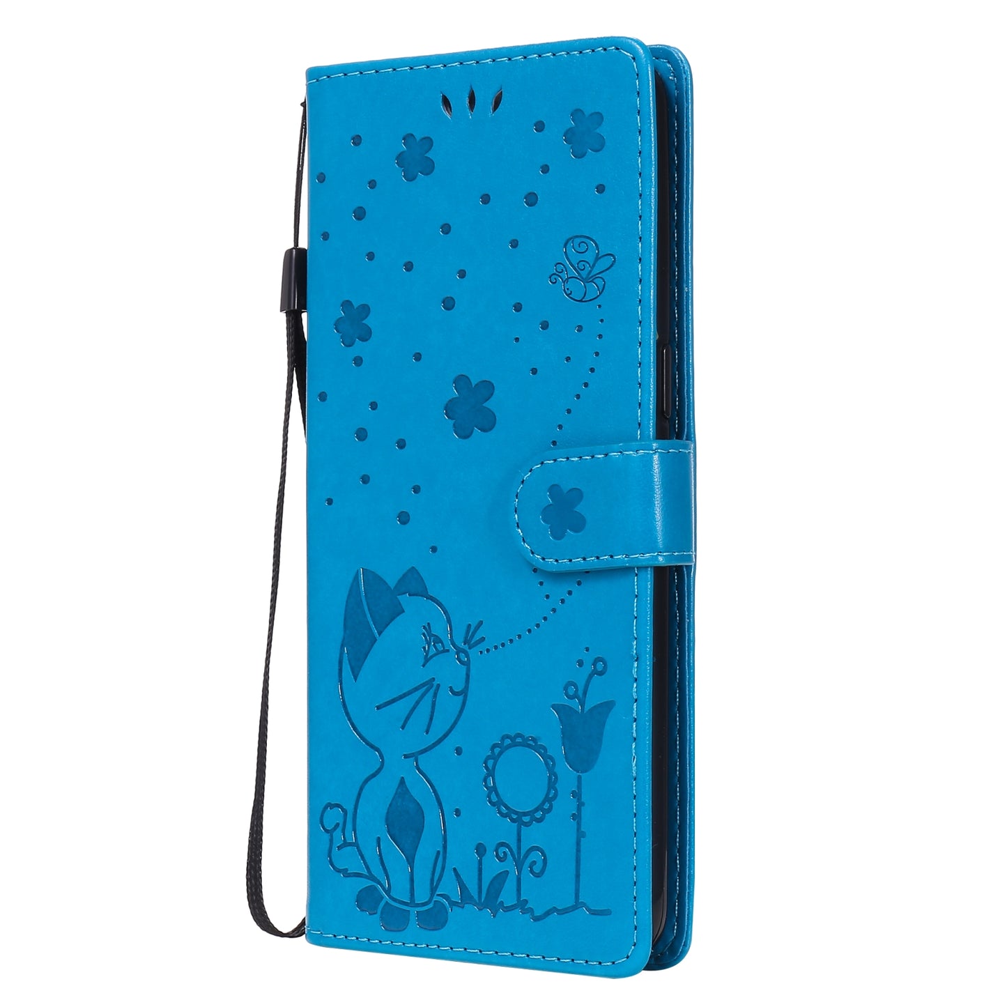 For OPPO F17 Pro Cat and Bee Embossed Flip Leather Phone Case Wallet Cover with Card Slots Cash Pocket Magnetic Stand Protective Shockproof TPU PU Leather Case with Wrist Strap