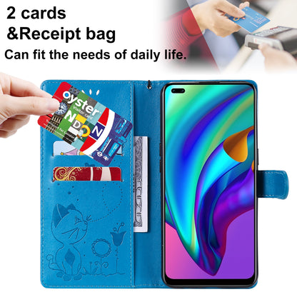 For OPPO Reno4 Lite Cat and Bee Embossed Flip Leather Phone Case Wallet Cover with Card Slots Cash Pocket Magnetic Stand Protective Shockproof TPU PU Leather Case with Wrist Strap
