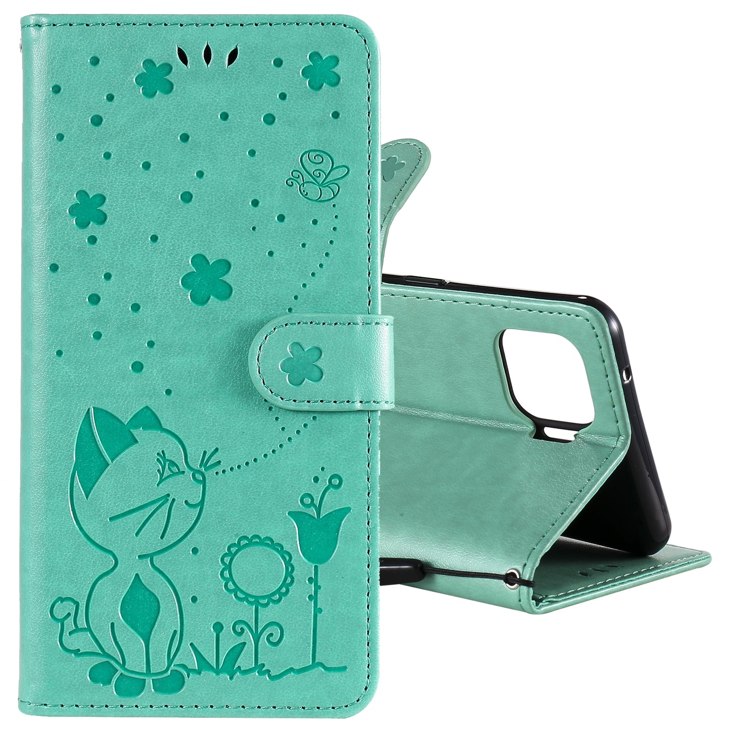 For OPPO F17 Pro Cat and Bee Embossed Flip Leather Phone Case Wallet Cover with Card Slots Cash Pocket Magnetic Stand Protective Shockproof TPU PU Leather Case with Wrist Strap