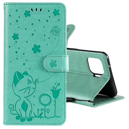 For OPPO F17 Pro Cat and Bee Embossed Flip Leather Phone Case Wallet Cover with Card Slots Cash Pocket Magnetic Stand Protective Shockproof TPU PU Leather Case with Wrist Strap