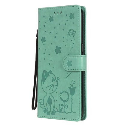 For OPPO Reno4 Lite Cat and Bee Embossed Flip Leather Phone Case Wallet Cover with Card Slots Cash Pocket Magnetic Stand Protective Shockproof TPU PU Leather Case with Wrist Strap