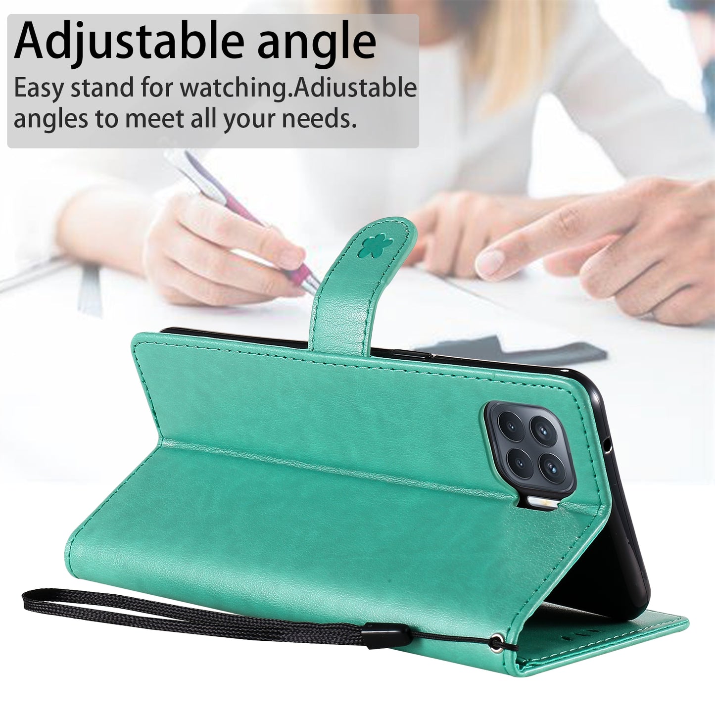 For OPPO Reno4 Lite Cat and Bee Embossed Flip Leather Phone Case Wallet Cover with Card Slots Cash Pocket Magnetic Stand Protective Shockproof TPU PU Leather Case with Wrist Strap