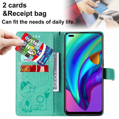 For OPPO F17 Pro Cat and Bee Embossed Flip Leather Phone Case Wallet Cover with Card Slots Cash Pocket Magnetic Stand Protective Shockproof TPU PU Leather Case with Wrist Strap