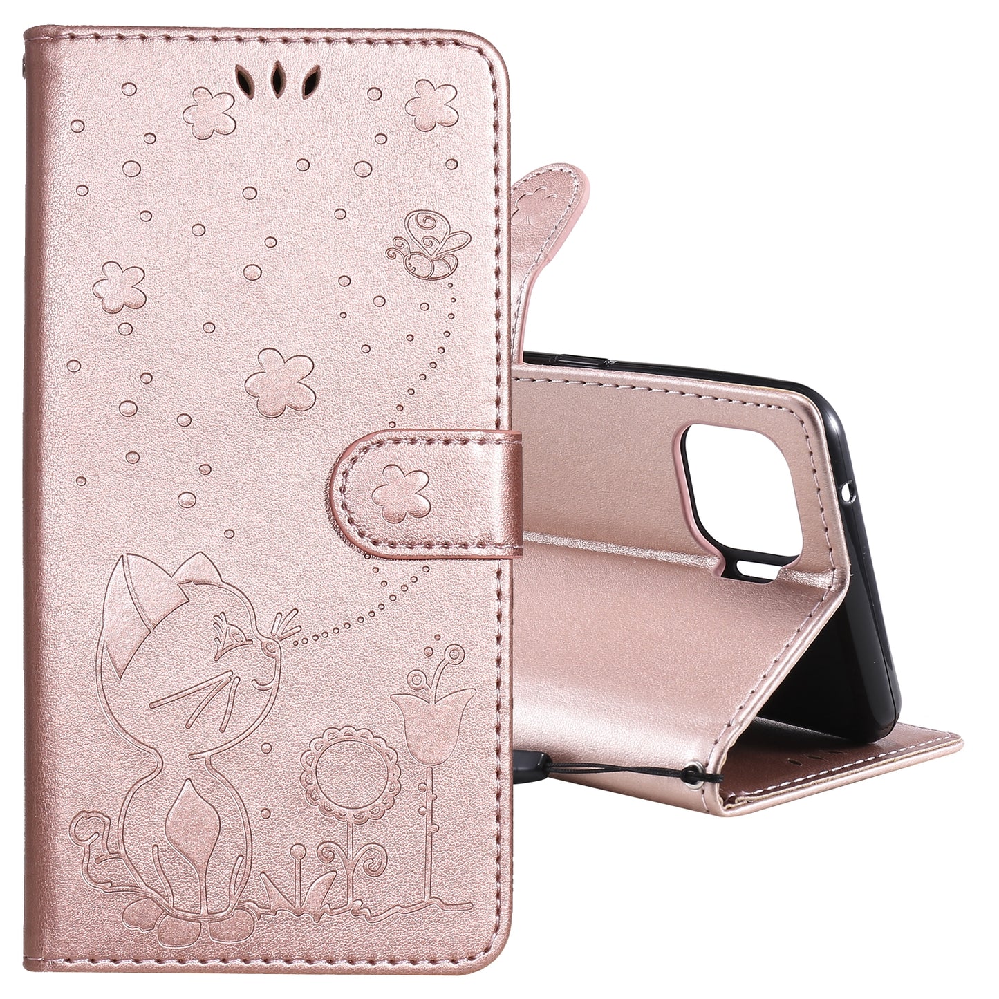 For OPPO F17 Pro Cat and Bee Embossed Flip Leather Phone Case Wallet Cover with Card Slots Cash Pocket Magnetic Stand Protective Shockproof TPU PU Leather Case with Wrist Strap