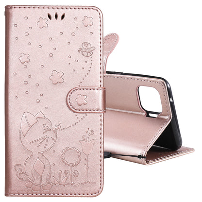 For OPPO F17 Pro Cat and Bee Embossed Flip Leather Phone Case Wallet Cover with Card Slots Cash Pocket Magnetic Stand Protective Shockproof TPU PU Leather Case with Wrist Strap