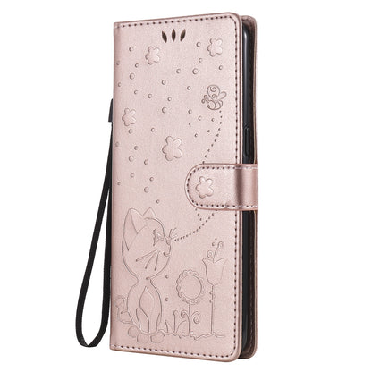 For OPPO Reno4 Lite Cat and Bee Embossed Flip Leather Phone Case Wallet Cover with Card Slots Cash Pocket Magnetic Stand Protective Shockproof TPU PU Leather Case with Wrist Strap