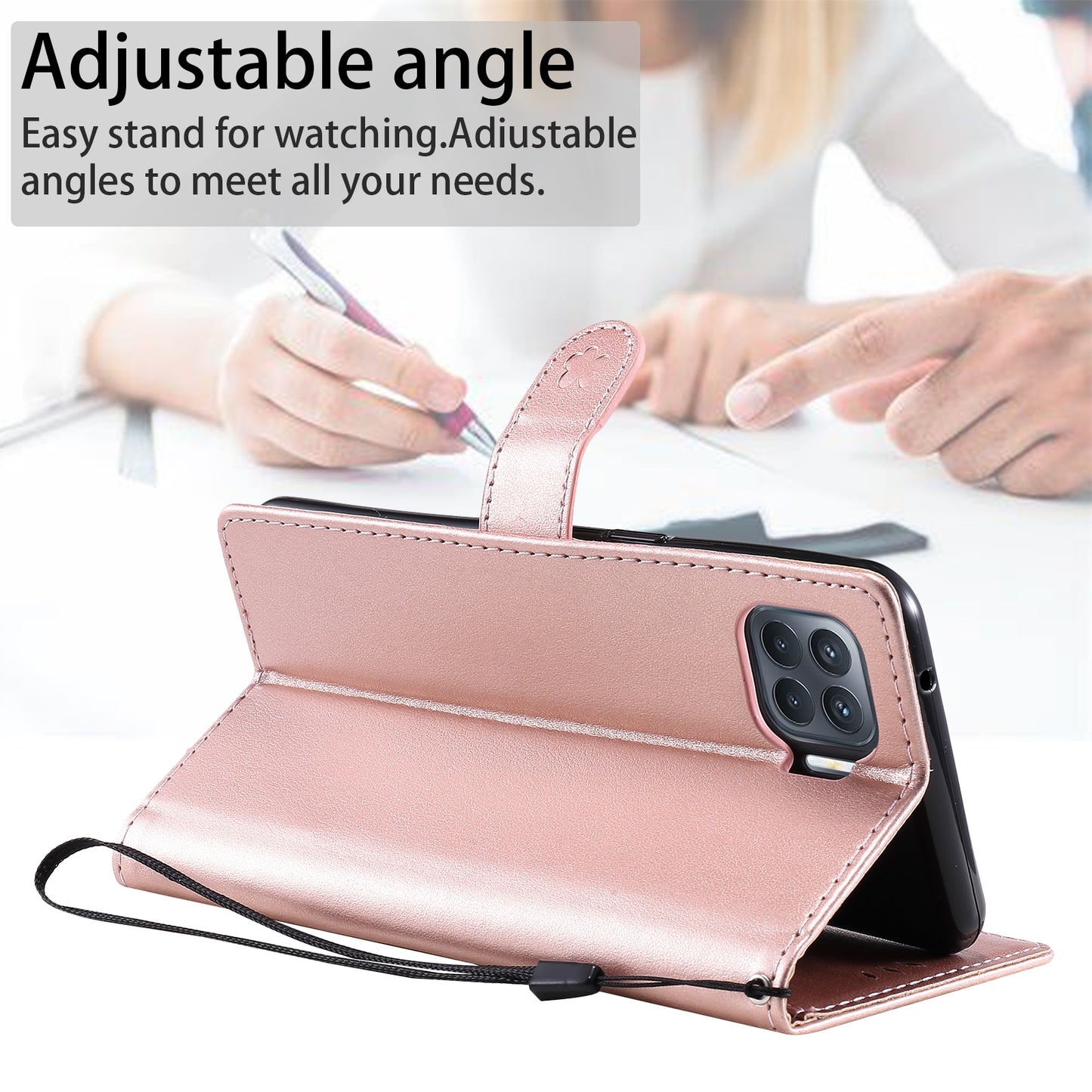 For OPPO Reno4 Lite Cat and Bee Embossed Flip Leather Phone Case Wallet Cover with Card Slots Cash Pocket Magnetic Stand Protective Shockproof TPU PU Leather Case with Wrist Strap