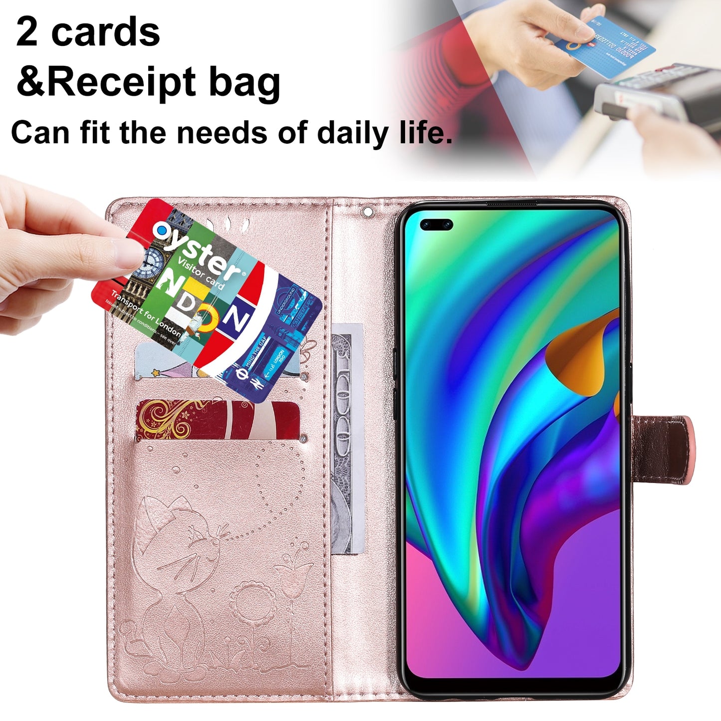 For OPPO F17 Pro Cat and Bee Embossed Flip Leather Phone Case Wallet Cover with Card Slots Cash Pocket Magnetic Stand Protective Shockproof TPU PU Leather Case with Wrist Strap