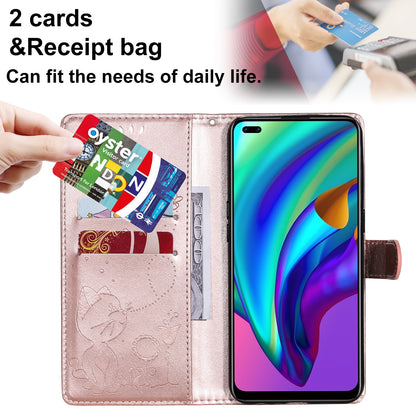 For OPPO F17 Pro Cat and Bee Embossed Flip Leather Phone Case Wallet Cover with Card Slots Cash Pocket Magnetic Stand Protective Shockproof TPU PU Leather Case with Wrist Strap