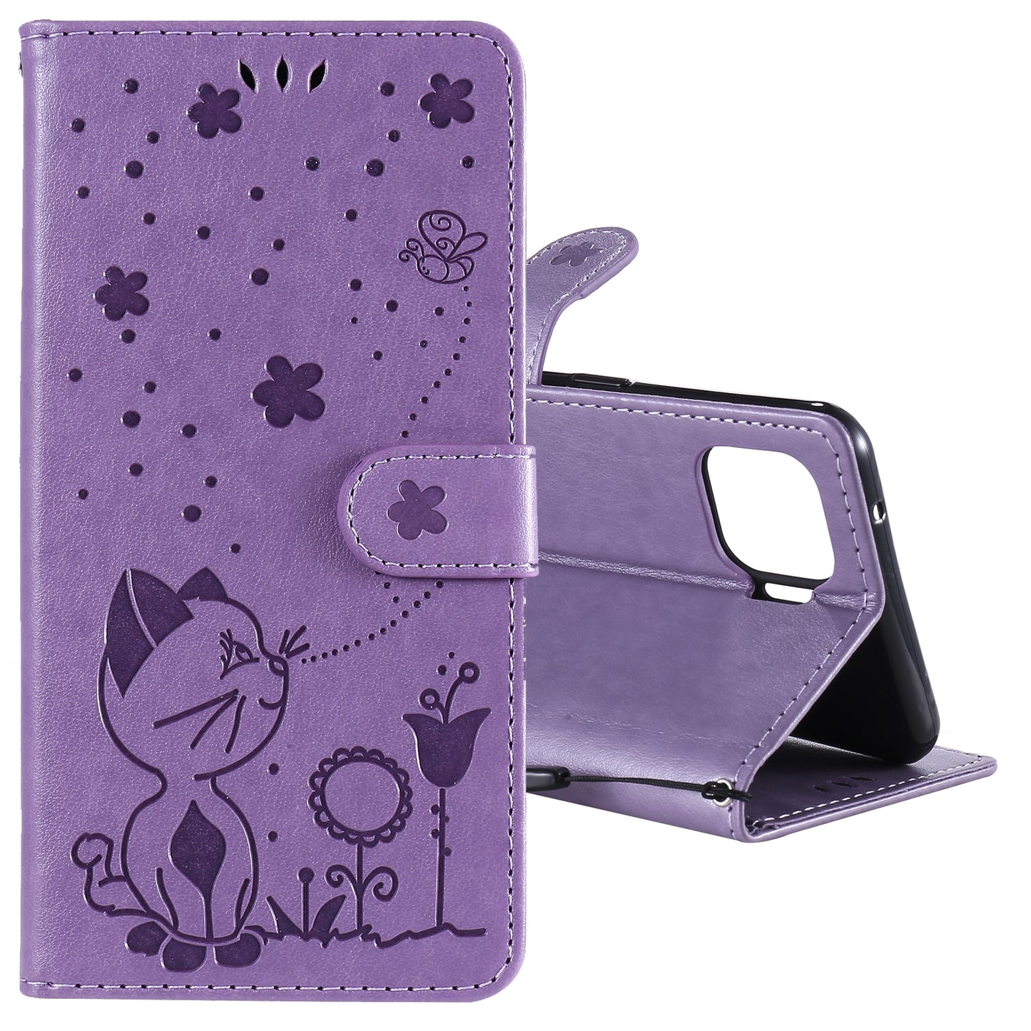 For OPPO F17 Pro Cat and Bee Embossed Flip Leather Phone Case Wallet Cover with Card Slots Cash Pocket Magnetic Stand Protective Shockproof TPU PU Leather Case with Wrist Strap