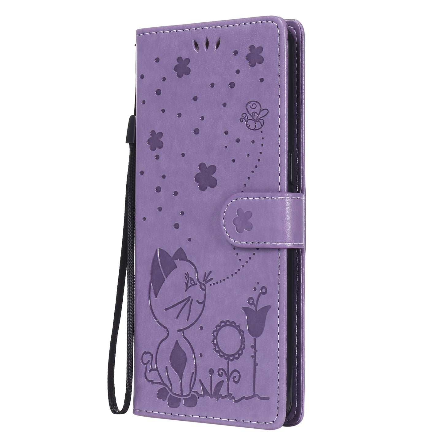 For OPPO F17 Pro Cat and Bee Embossed Flip Leather Phone Case Wallet Cover with Card Slots Cash Pocket Magnetic Stand Protective Shockproof TPU PU Leather Case with Wrist Strap