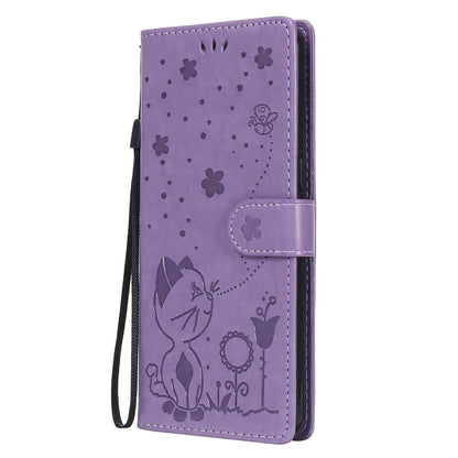 For OPPO F17 Pro Cat and Bee Embossed Flip Leather Phone Case Wallet Cover with Card Slots Cash Pocket Magnetic Stand Protective Shockproof TPU PU Leather Case with Wrist Strap
