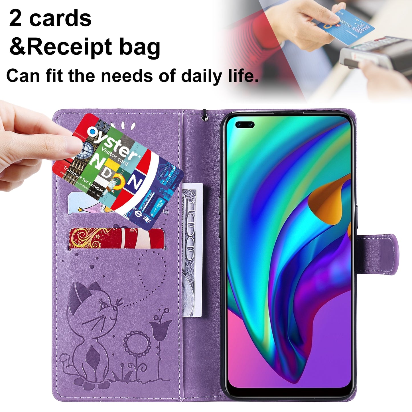 For OPPO Reno4 Lite Cat and Bee Embossed Flip Leather Phone Case Wallet Cover with Card Slots Cash Pocket Magnetic Stand Protective Shockproof TPU PU Leather Case with Wrist Strap