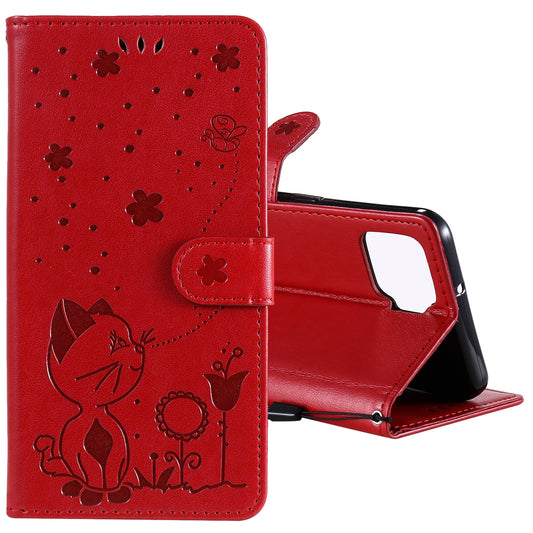 For OPPO F17 Cat and Bee Embossed Flip Leather Phone Case Wallet Cover with Card Slots Cash Pocket Magnetic Stand Protective Shockproof TPU PU Leather Case with Wrist Strap