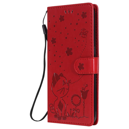 For OPPO A73 4G (2020) Cat and Bee Embossed Flip Leather Phone Case Wallet Cover with Card Slots Cash Pocket Magnetic Stand Protective Shockproof TPU PU Leather Case with Wrist Strap