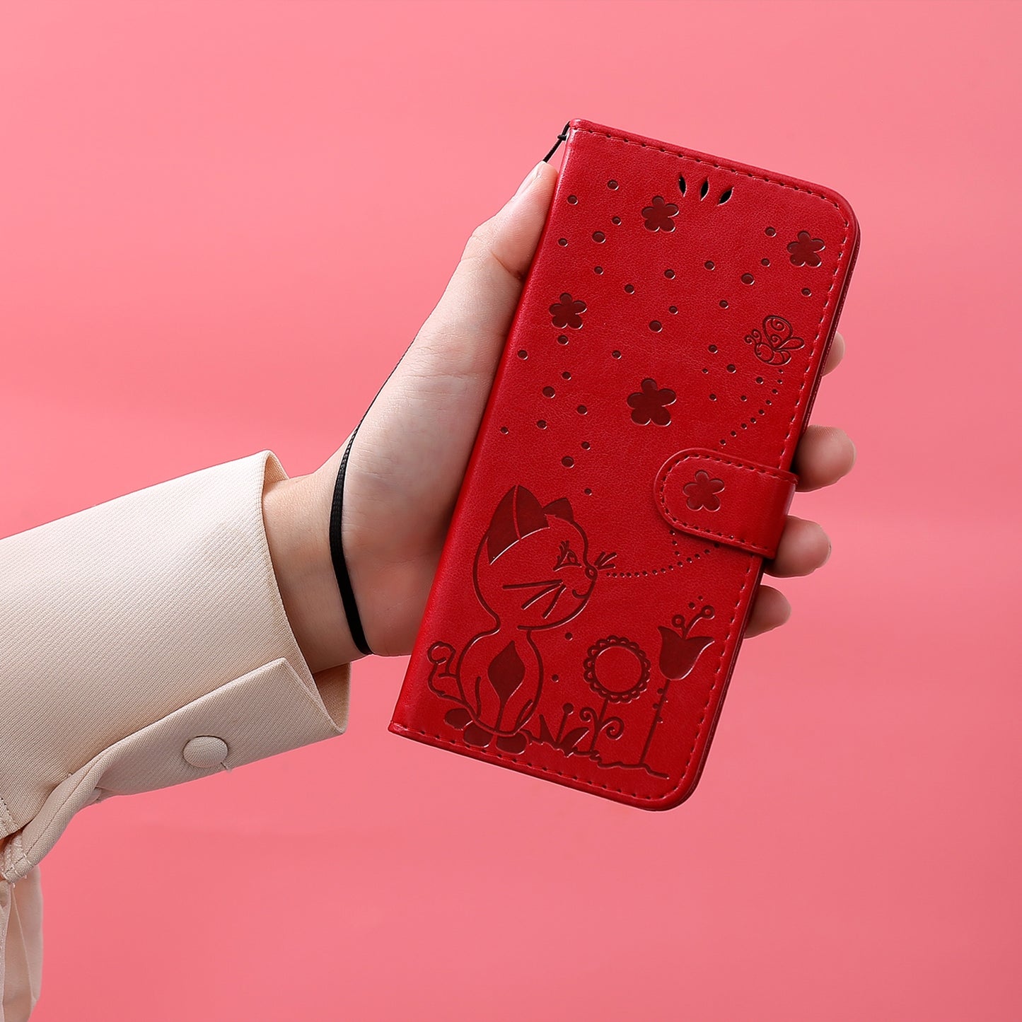 For OPPO F17 Cat and Bee Embossed Flip Leather Phone Case Wallet Cover with Card Slots Cash Pocket Magnetic Stand Protective Shockproof TPU PU Leather Case with Wrist Strap