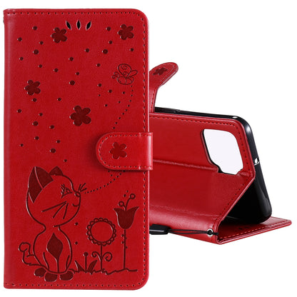 For OPPO A73 4G (2020) Cat and Bee Embossed Flip Leather Phone Case Wallet Cover with Card Slots Cash Pocket Magnetic Stand Protective Shockproof TPU PU Leather Case with Wrist Strap
