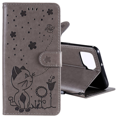 For OPPO F17 Cat and Bee Embossed Flip Leather Phone Case Wallet Cover with Card Slots Cash Pocket Magnetic Stand Protective Shockproof TPU PU Leather Case with Wrist Strap