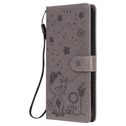 For OPPO F17 Cat and Bee Embossed Flip Leather Phone Case Wallet Cover with Card Slots Cash Pocket Magnetic Stand Protective Shockproof TPU PU Leather Case with Wrist Strap