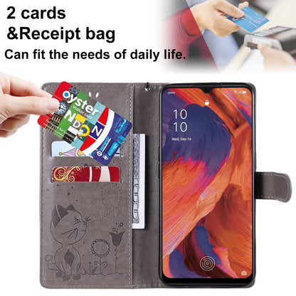 For OPPO A73 4G (2020) Cat and Bee Embossed Flip Leather Phone Case Wallet Cover with Card Slots Cash Pocket Magnetic Stand Protective Shockproof TPU PU Leather Case with Wrist Strap