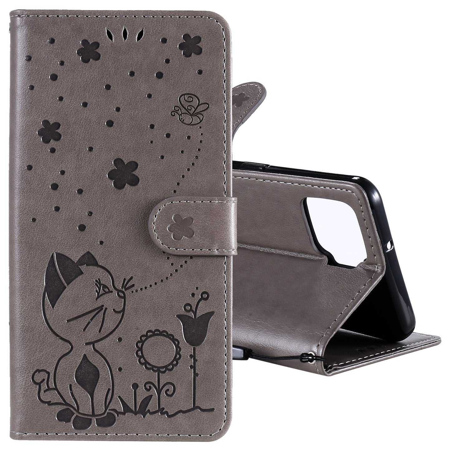 For OPPO A73 4G (2020) Cat and Bee Embossed Flip Leather Phone Case Wallet Cover with Card Slots Cash Pocket Magnetic Stand Protective Shockproof TPU PU Leather Case with Wrist Strap