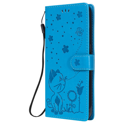 For OPPO F17 Cat and Bee Embossed Flip Leather Phone Case Wallet Cover with Card Slots Cash Pocket Magnetic Stand Protective Shockproof TPU PU Leather Case with Wrist Strap