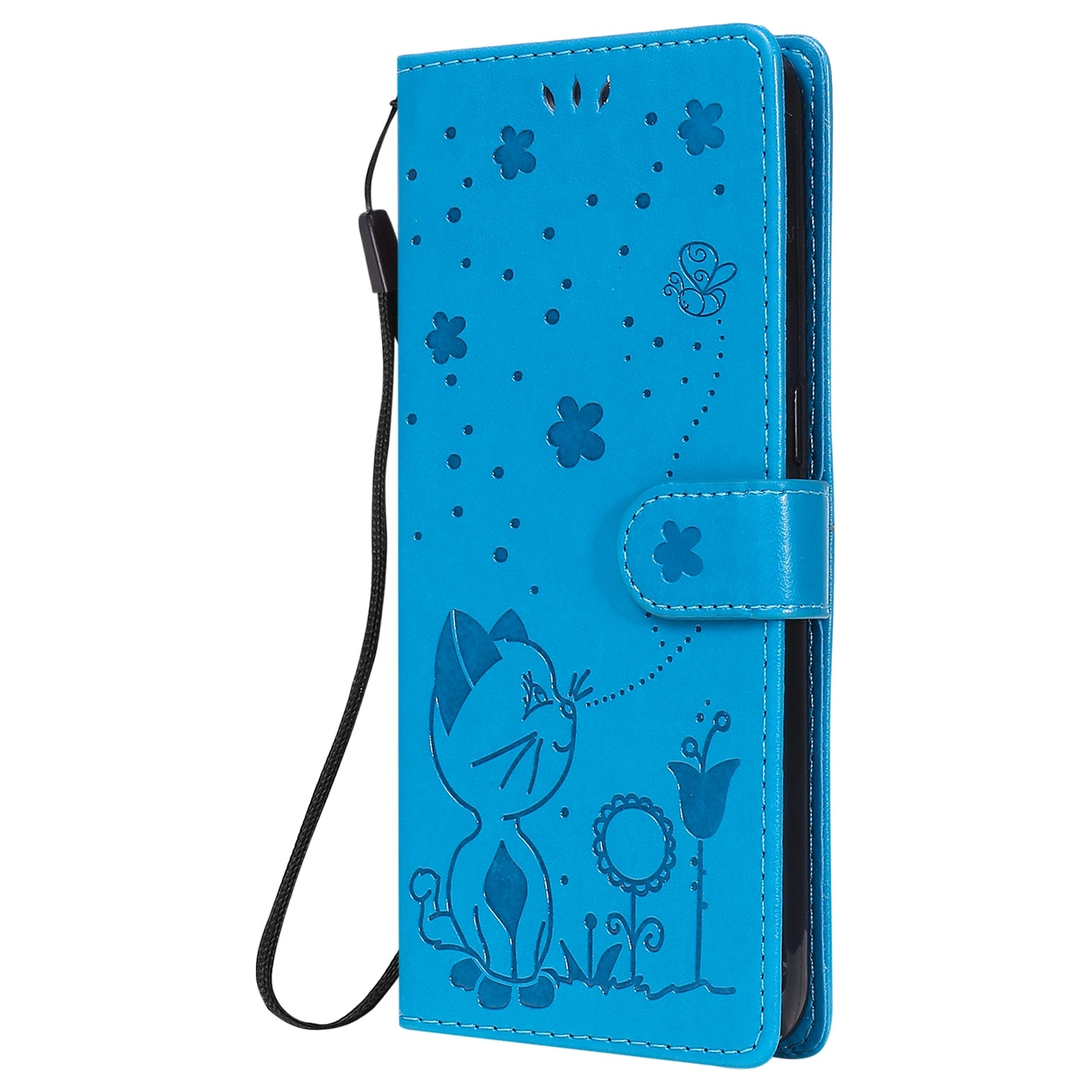 For OPPO A73 4G (2020) Cat and Bee Embossed Flip Leather Phone Case Wallet Cover with Card Slots Cash Pocket Magnetic Stand Protective Shockproof TPU PU Leather Case with Wrist Strap