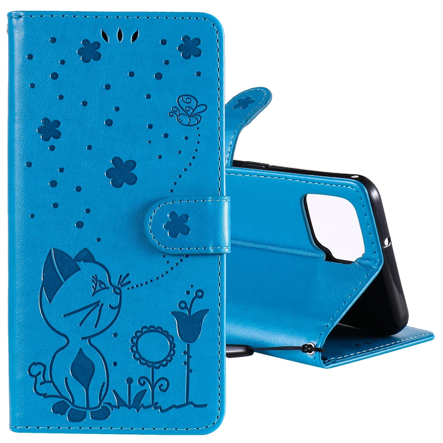 For OPPO A73 4G (2020) Cat and Bee Embossed Flip Leather Phone Case Wallet Cover with Card Slots Cash Pocket Magnetic Stand Protective Shockproof TPU PU Leather Case with Wrist Strap
