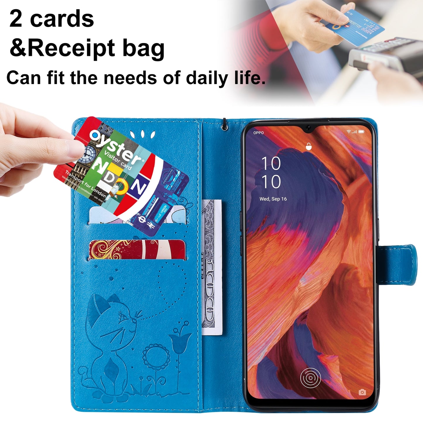 For OPPO F17 Cat and Bee Embossed Flip Leather Phone Case Wallet Cover with Card Slots Cash Pocket Magnetic Stand Protective Shockproof TPU PU Leather Case with Wrist Strap