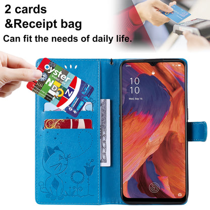For OPPO A73 4G (2020) Cat and Bee Embossed Flip Leather Phone Case Wallet Cover with Card Slots Cash Pocket Magnetic Stand Protective Shockproof TPU PU Leather Case with Wrist Strap