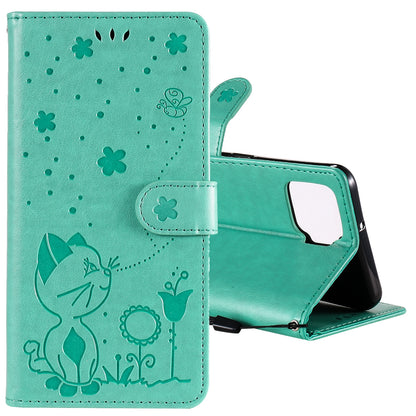 For OPPO F17 Cat and Bee Embossed Flip Leather Phone Case Wallet Cover with Card Slots Cash Pocket Magnetic Stand Protective Shockproof TPU PU Leather Case with Wrist Strap