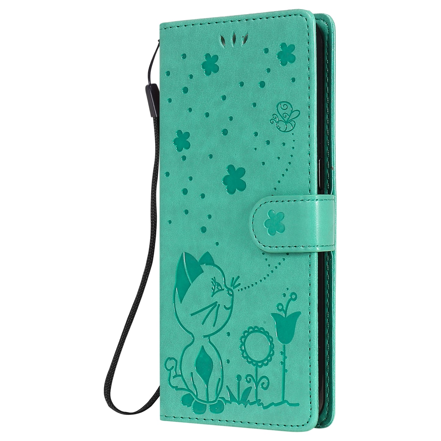 For OPPO A73 4G (2020) Cat and Bee Embossed Flip Leather Phone Case Wallet Cover with Card Slots Cash Pocket Magnetic Stand Protective Shockproof TPU PU Leather Case with Wrist Strap