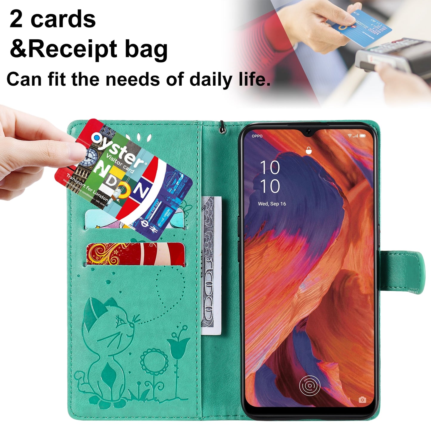 For OPPO F17 Cat and Bee Embossed Flip Leather Phone Case Wallet Cover with Card Slots Cash Pocket Magnetic Stand Protective Shockproof TPU PU Leather Case with Wrist Strap