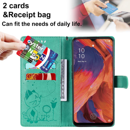 For OPPO F17 Cat and Bee Embossed Flip Leather Phone Case Wallet Cover with Card Slots Cash Pocket Magnetic Stand Protective Shockproof TPU PU Leather Case with Wrist Strap