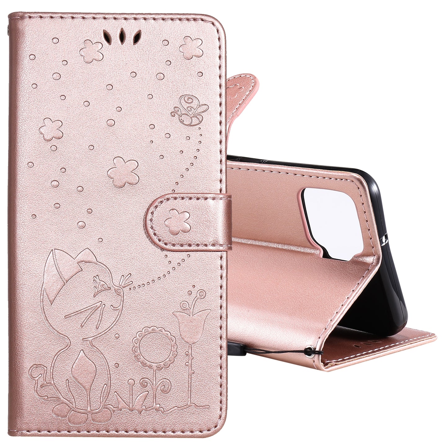 For OPPO F17 Cat and Bee Embossed Flip Leather Phone Case Wallet Cover with Card Slots Cash Pocket Magnetic Stand Protective Shockproof TPU PU Leather Case with Wrist Strap