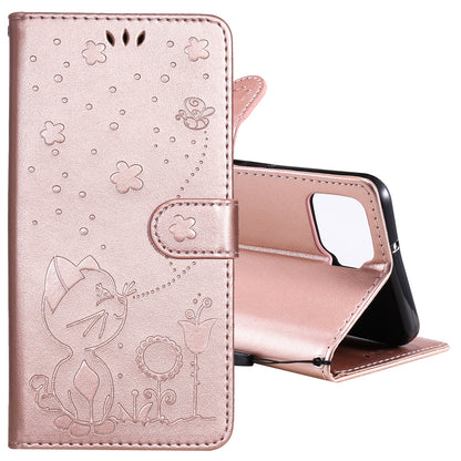 For OPPO F17 Cat and Bee Embossed Flip Leather Phone Case Wallet Cover with Card Slots Cash Pocket Magnetic Stand Protective Shockproof TPU PU Leather Case with Wrist Strap