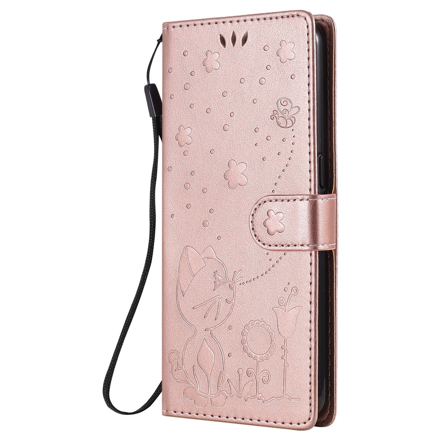 For OPPO F17 Cat and Bee Embossed Flip Leather Phone Case Wallet Cover with Card Slots Cash Pocket Magnetic Stand Protective Shockproof TPU PU Leather Case with Wrist Strap