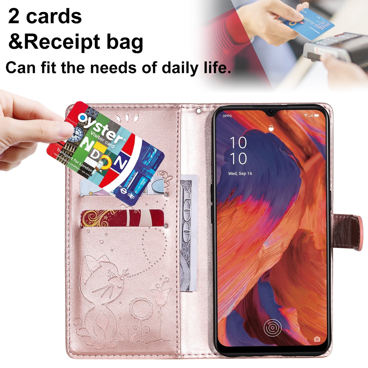 For OPPO A73 4G (2020) Cat and Bee Embossed Flip Leather Phone Case Wallet Cover with Card Slots Cash Pocket Magnetic Stand Protective Shockproof TPU PU Leather Case with Wrist Strap