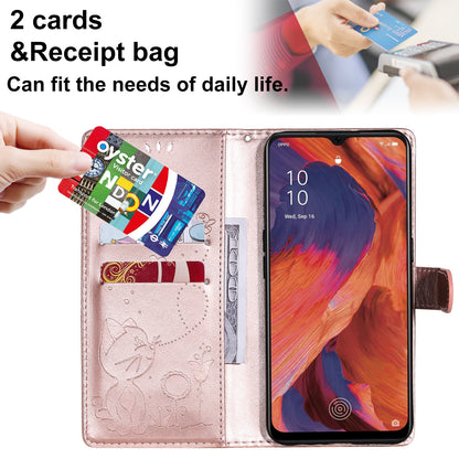 For OPPO A73 4G (2020) Cat and Bee Embossed Flip Leather Phone Case Wallet Cover with Card Slots Cash Pocket Magnetic Stand Protective Shockproof TPU PU Leather Case with Wrist Strap