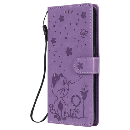 For OPPO F17 Cat and Bee Embossed Flip Leather Phone Case Wallet Cover with Card Slots Cash Pocket Magnetic Stand Protective Shockproof TPU PU Leather Case with Wrist Strap