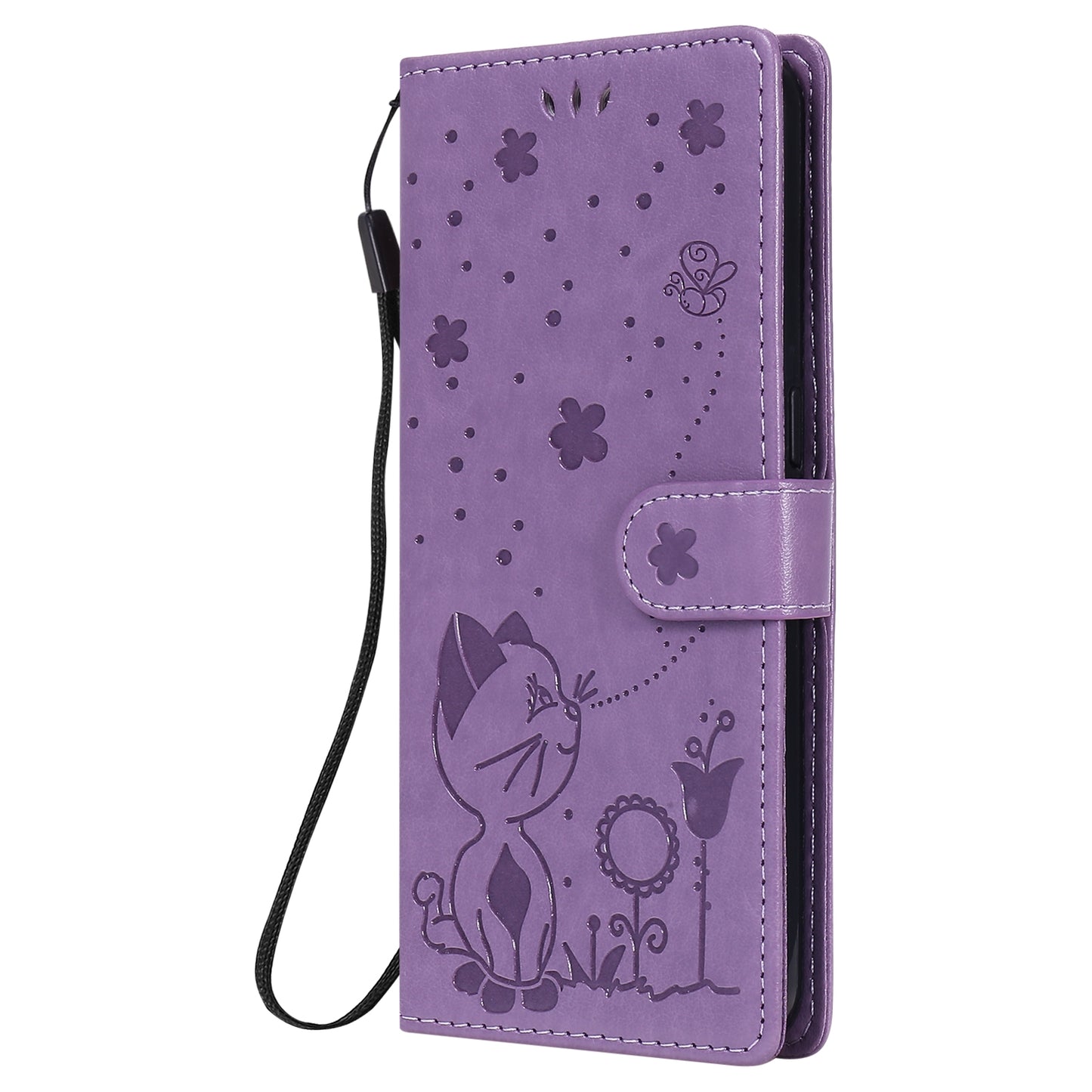 For OPPO A73 4G (2020) Cat and Bee Embossed Flip Leather Phone Case Wallet Cover with Card Slots Cash Pocket Magnetic Stand Protective Shockproof TPU PU Leather Case with Wrist Strap