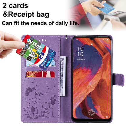 For OPPO F17 Cat and Bee Embossed Flip Leather Phone Case Wallet Cover with Card Slots Cash Pocket Magnetic Stand Protective Shockproof TPU PU Leather Case with Wrist Strap