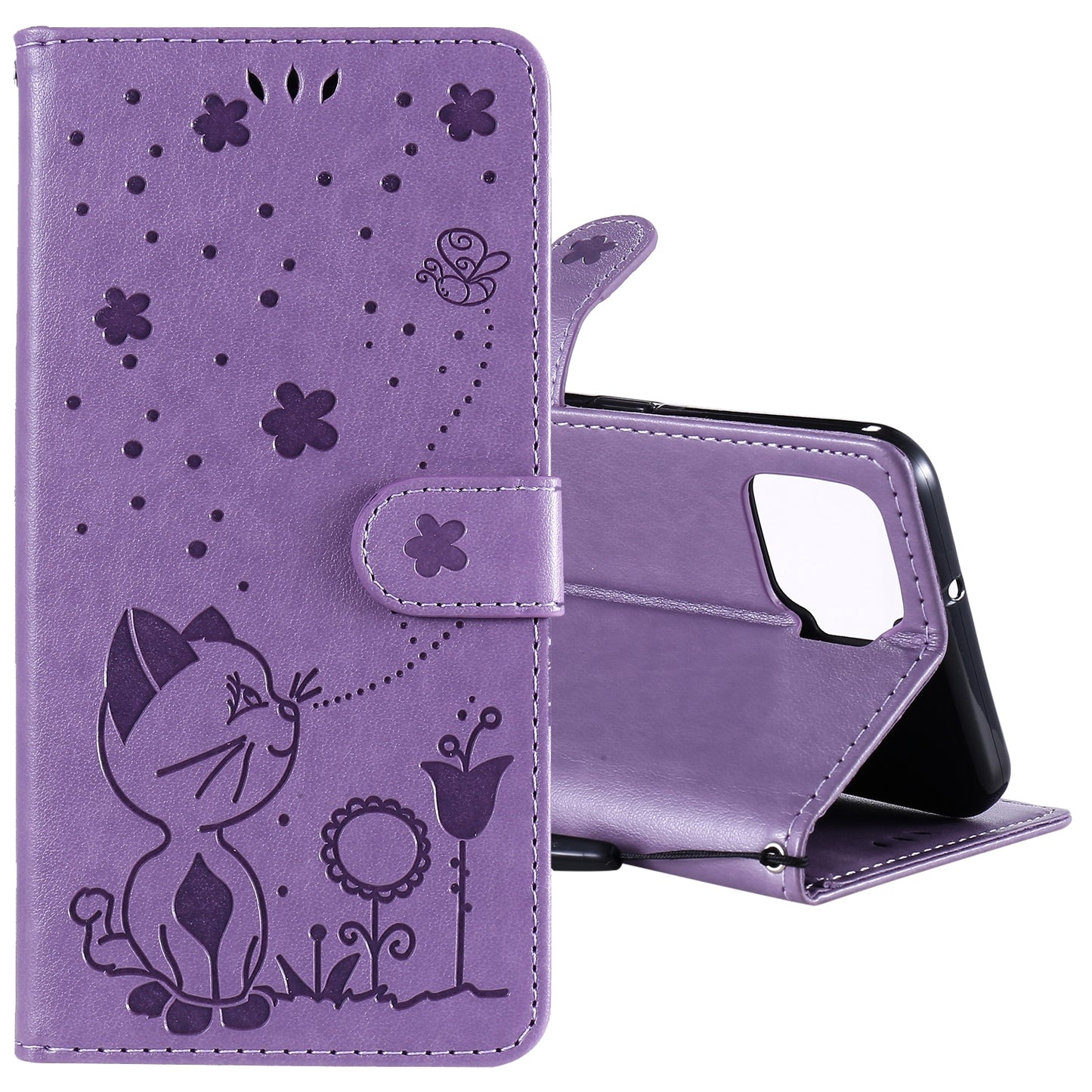 For OPPO A73 4G (2020) Cat and Bee Embossed Flip Leather Phone Case Wallet Cover with Card Slots Cash Pocket Magnetic Stand Protective Shockproof TPU PU Leather Case with Wrist Strap