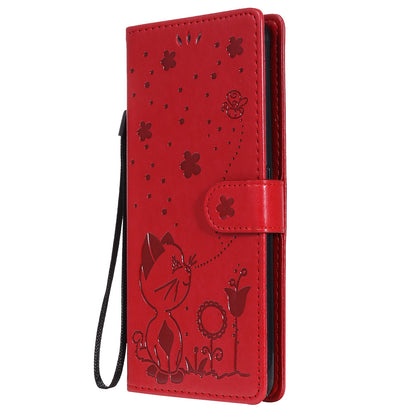 For OPPO Realme 7 Pro Cat and Bee Embossed Flip Leather Phone Case Wallet Cover with Card Slots Cash Pocket Magnetic Stand Protective Shockproof TPU PU Leather Case with Wrist Strap