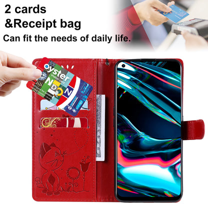 For OPPO Realme 7 Pro Cat and Bee Embossed Flip Leather Phone Case Wallet Cover with Card Slots Cash Pocket Magnetic Stand Protective Shockproof TPU PU Leather Case with Wrist Strap