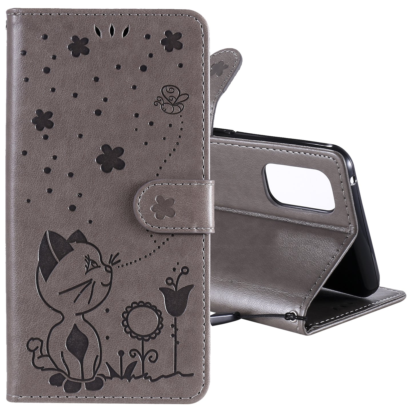 For OPPO Realme 7 Pro Cat and Bee Embossed Flip Leather Phone Case Wallet Cover with Card Slots Cash Pocket Magnetic Stand Protective Shockproof TPU PU Leather Case with Wrist Strap