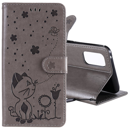 For OPPO Realme 7 Pro Cat and Bee Embossed Flip Leather Phone Case Wallet Cover with Card Slots Cash Pocket Magnetic Stand Protective Shockproof TPU PU Leather Case with Wrist Strap