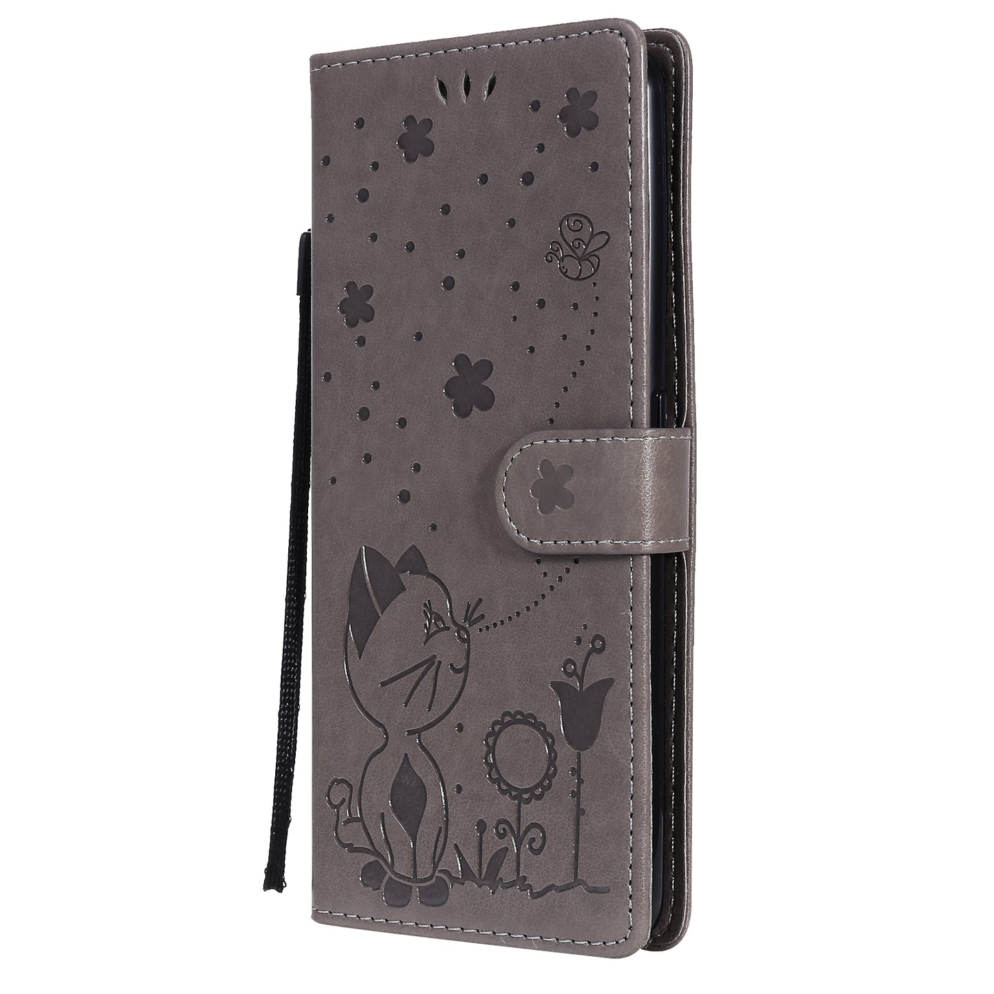 For OPPO Realme 7 Pro Cat and Bee Embossed Flip Leather Phone Case Wallet Cover with Card Slots Cash Pocket Magnetic Stand Protective Shockproof TPU PU Leather Case with Wrist Strap