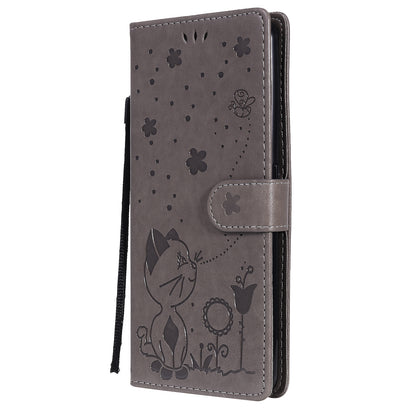 For OPPO Realme 7 Pro Cat and Bee Embossed Flip Leather Phone Case Wallet Cover with Card Slots Cash Pocket Magnetic Stand Protective Shockproof TPU PU Leather Case with Wrist Strap