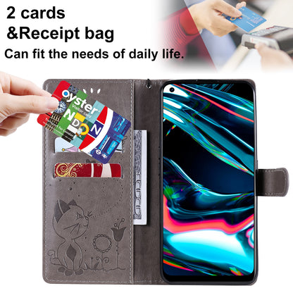For OPPO Realme 7 Pro Cat and Bee Embossed Flip Leather Phone Case Wallet Cover with Card Slots Cash Pocket Magnetic Stand Protective Shockproof TPU PU Leather Case with Wrist Strap